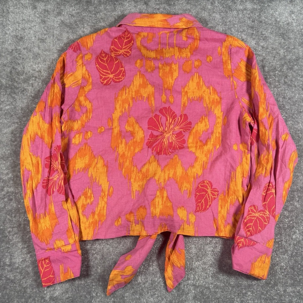 Christian Siriano Top Women's Medium Pink Hibiscus Linen Blend Vacation Resort - Picture 2 of 7